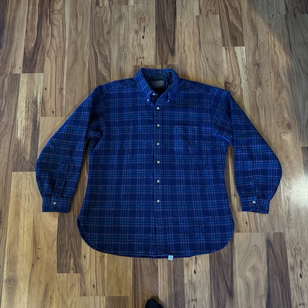 Vintage 80s Pendleton 100% Wool Plaid Mens XL USA Flannel Board Shirt Blue Teal